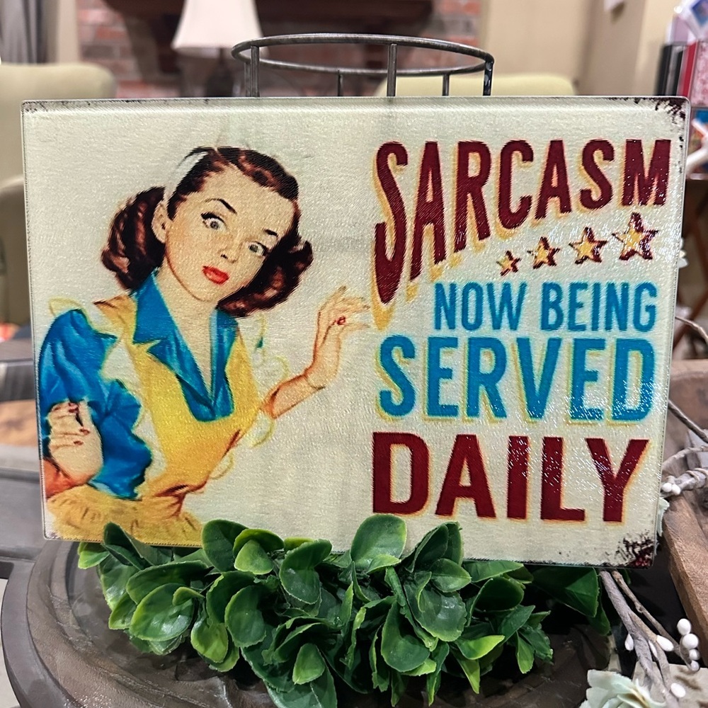 Retro Sarcasm Kitchen Glass Cutting Board with Vintage Illustration